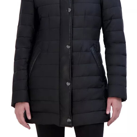 $230- NWT-Tahari Tala Hooded Faux Leather Trim Puffer Coat-Black-Large - Picture 9 of 14